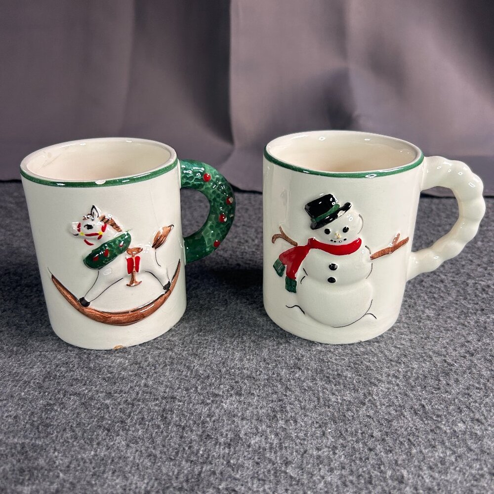 VTG Lot of 2 Christmas Mugs Coffee Cup 3D Design Brazil Rocking Horse Snowman